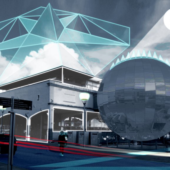 Futuristic landscape drawn on top of Millennium Square