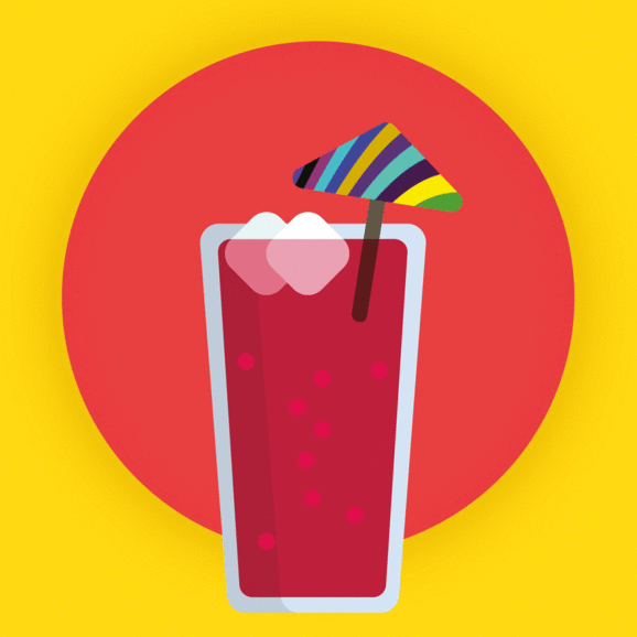 Stylised illustration of drinks tumbler with ice cube and cocktail umbrella