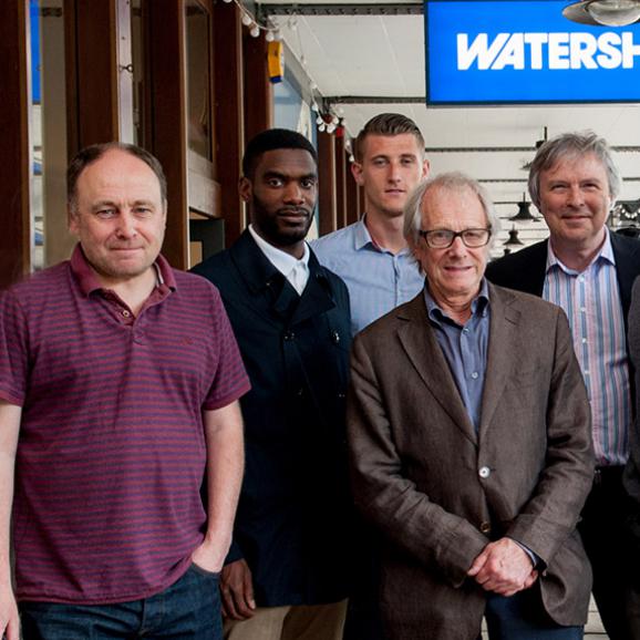 Cinema Curator Mark Cosgrove with Ken Loach and Bath City players - photo by Jon Craig