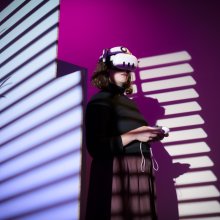A woman stands with a VR headset on and controllers in here hand, the background is purple and pink with various shadows.