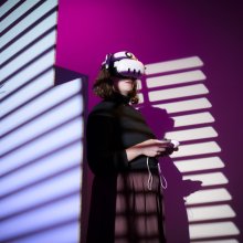 A woman stands in a VR Headset experiencing Impulse: Playing with Reality.