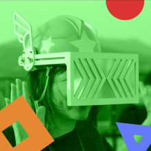 A person wearing a helmet with star designs and winged sides dons a futuristic visor in a green-tinted scene. Abstract shapes add a playful touch.