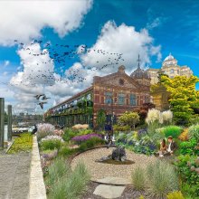 An artistic interpretation of Watershed Wild and Generous, the Watershed building is surrounded by green planting. There are birds in the sky and a water feature in the foreground.