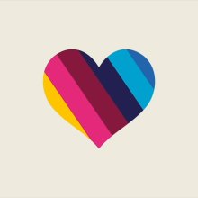 An image of a heart filled with diagonal, rainbow stripes. It sits on a beige backdrop.