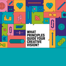 A graphic illustration of shapes in bold pastel colours