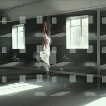 A photo collage. A person stands in a ballet pose in the middle of a room.