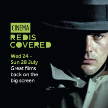Alain Delon in Le Samouraï. Graphic text edited on reading: Cinema Rediscovered. 