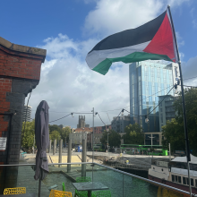 The Palestine flag flying from Watershed's balcony. 