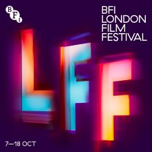 BFI London Film Festival poster featuring glowing, blurred "LFF" letters in vibrant neon colors against a dark purple background.