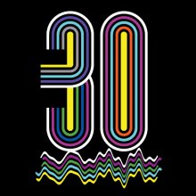 colourful number 30 on waves of coloured lines