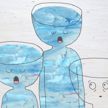 illustration people filled with blue fluid with open cup-like heads