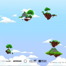 A pixellated digital image of small tree-covered islands floating in a blue sky
