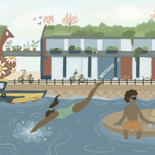 Illustration of Watershed with greenery growing on the roof, and swimmers on a platform in the water.