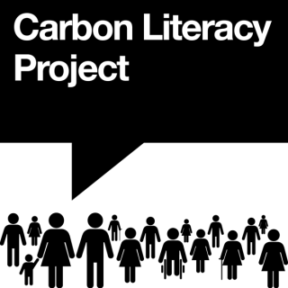 Logo for the Carbon Literacy Project, black and white illustration of a group of people with a speech bubble saying Carbon Literacy Project