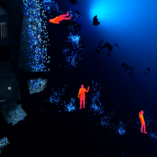 A screenshot of an imagined dark, underwatery world with 3 bright orange human forms 