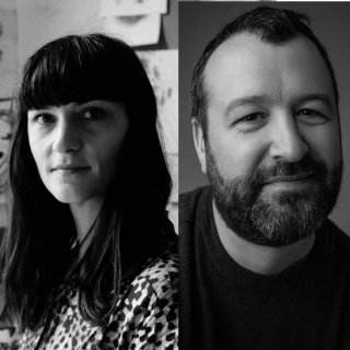 Two greyscale headshots of a man and a woman, edited together.