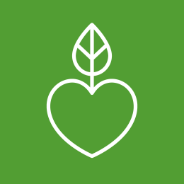 White outline of a heart with a leaf on top, set against a vibrant green background, symbolizing love for nature.