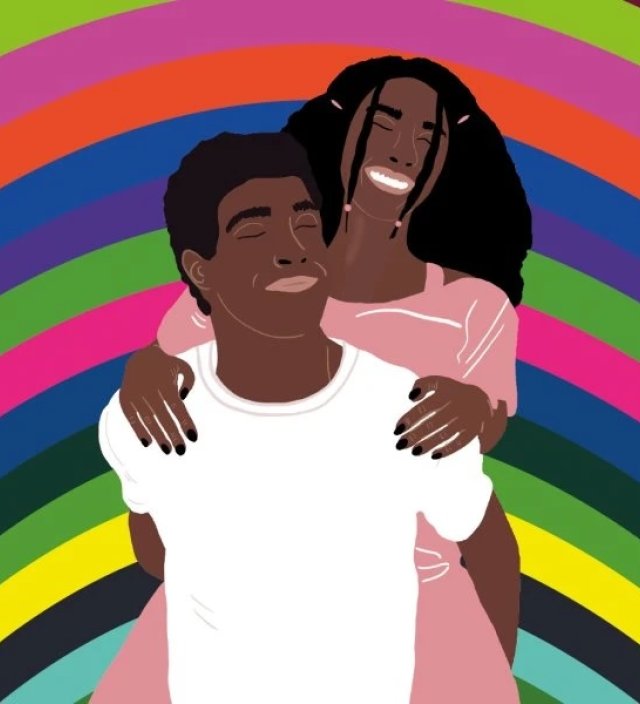 Illustration of two people smiling, one giving the other a piggyback.