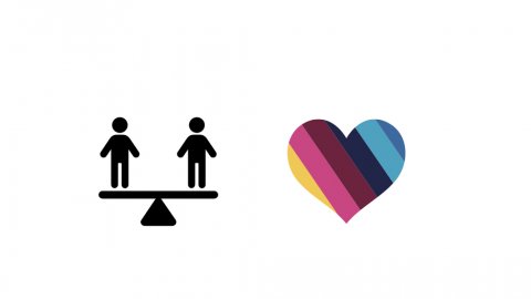 Two figures balance on a see saw next to a multi coloured heart