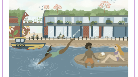 An illustration of the exterior of Watershed building covered in greenery with people swimming in the floating harbour.