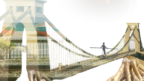 Collage composed with stock images and a photograph of Badalona Beach by Timur Vailiev, and a Clifton Bridge shot by Nathan Riley from Unsplash.