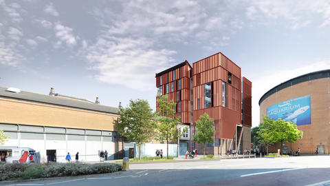 Daytime view of Watershed with visualisation of new building.
