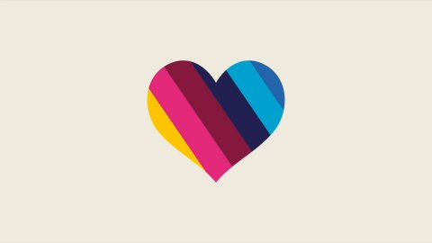 An image of a heart filled with diagonal, rainbow stripes. It sits on a beige backdrop.