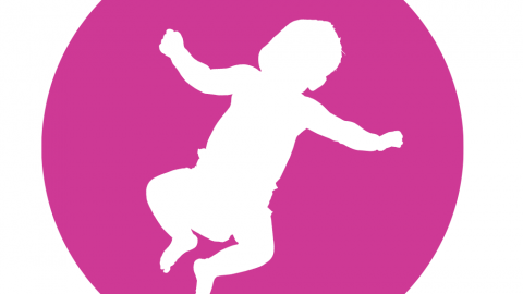 outline of a baby lying down on a pink circle background