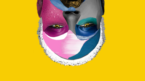 A graphic image of a face, upside-down on the screen and edited with colourful blocks of colour. The background is a rich yellow.