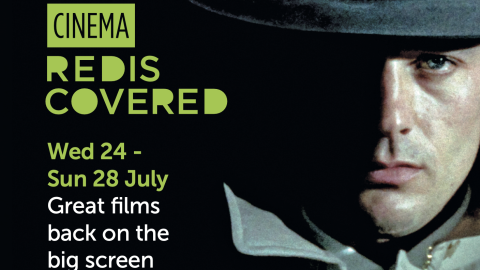 Alain Delon in Le Samouraï. Graphic text edited on reading: Cinema Rediscovered.