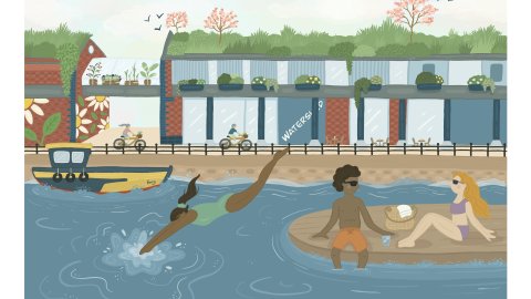 Watershed building in the background - with the harbourside water at the fore and people enjoying the sun and diving into the water