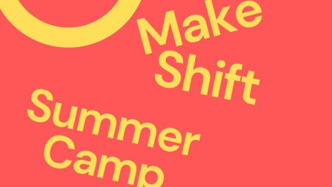 A coral background with a yellow circle and yellow text announcing the Make Shift 2025 Creative Camp.
