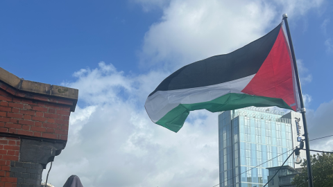 The Palestine flag flying from Watershed's balcony. 