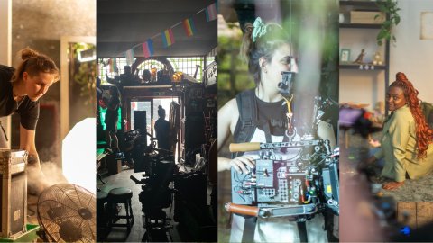 A collage depicting a film set: a woman adjusting lights, a dimly lit room with camera equipment, a focus puller with a camera rig, a woman sitting on the floor, and a group of seven smiling crew members holding a clapperboard in a lush, green setting. The mood is collaborative and energetic.