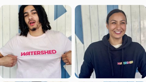 Four people wearing Watershed branded t-shirts and hoodies.