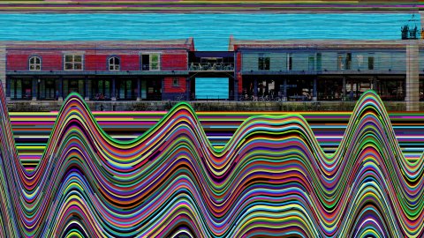 Artistic interpretation of Watershed's exterior, with brightly and bold coloured waves to represent the water, before a vibrant blue sky.  