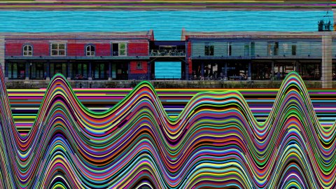Artistic interpretation of Watershed's exterior, with brightly and bold coloured waves to represent the water, before a vibrant blue sky.