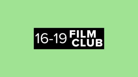 Logo for the 16-19 Film Club against a light green background, featuring bold black and white text.