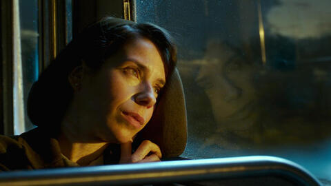 Photo of a woman wistfully looking out on a sunsetting sky from a bus window. From the film The Shape of Water.