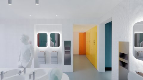 Architects visualisation of the new toilets including colourful doors and sinks with mirrors