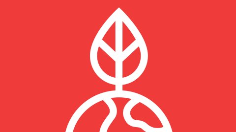 A simple illustration on a red of panel earth with a new leaf springing from it