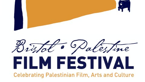 A triangular brown flag with a blue strip to the left of it and the words Bristol Palestine Film Festival Celebrating Palestinian Film, Arts & Culture on the bottom.