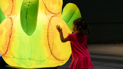A young child in a red dress and ponytails is cuddling a large inflatable lit up plant. Credit: Sandra Ebert