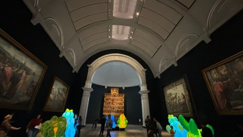 Inside the V & A Museum with some big inflatable glow up plants.