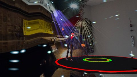 A character balances on a vinyl record with disco lights.