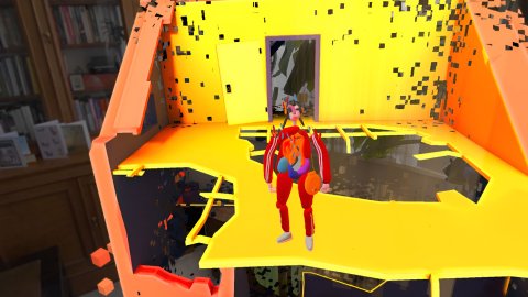 A red character is standing inside a virtual world.