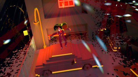 A digital character jumps on top of a car, it looks like it's night time a window glows red.