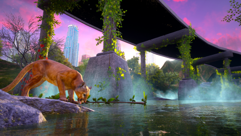 A cougar drinks from a peaceful river under a bridge covered in lush vines, with a misty forest and a city skyscraper under a colorful sky in the background.