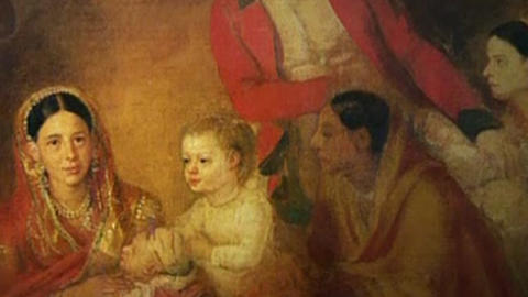 A detail from a painting of people with baby.