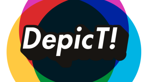 The depict logo - three intersecting coloured circled overlayed that in combination make up the colours reg green and blue. With the word Depict overlayed